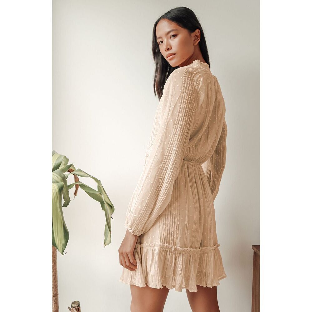 NWT lulu’s No Ordinary Love Cream Flowy Dot Long Sleeve Mini Dress Size Large - Picture 4 of 11